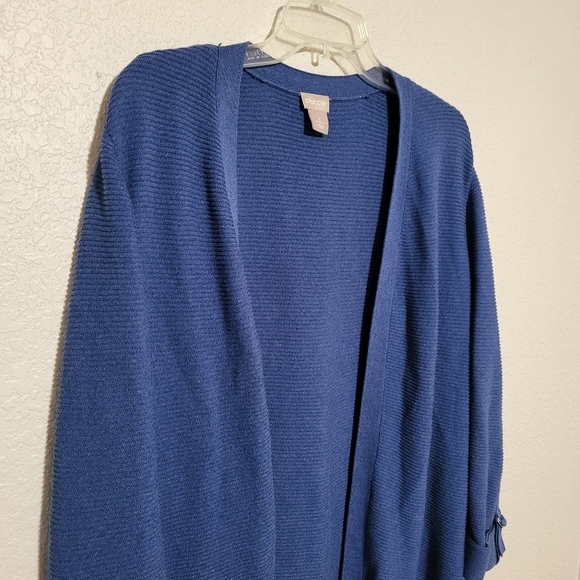 ❄️ Chico's blue long line knit open cardigan sweater size 3 / XL cotton blend - Picture 2 of 7